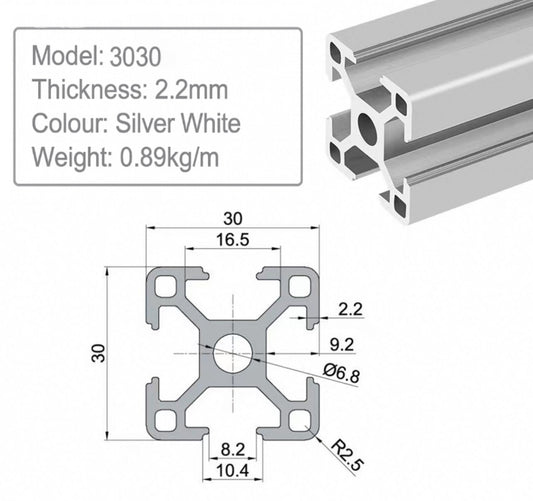 30mm x 30mm T-slot Aluminium Extrusion 2.2mm
